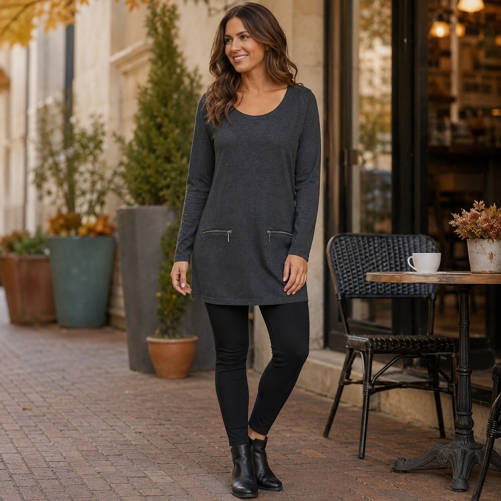 Joseph A Womens Charcoal Gray Long Sleeve Scoop Neck Zipper Tunic Sweater M